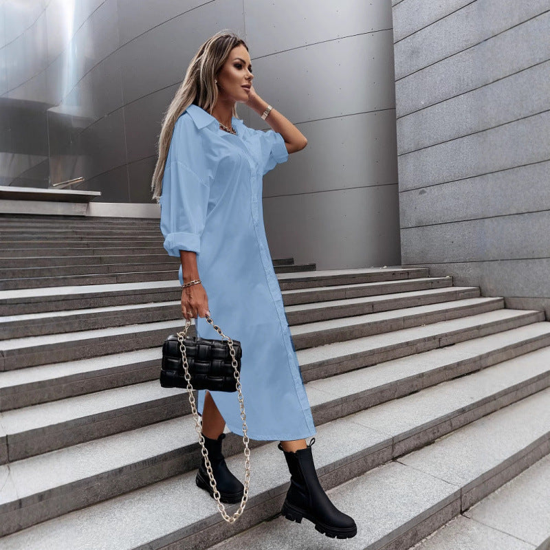 Women's Long Oversized Shirt Dress with Continuous Button Placket, Cuffed Sleeves and Deep Side Slit Mune Fashion