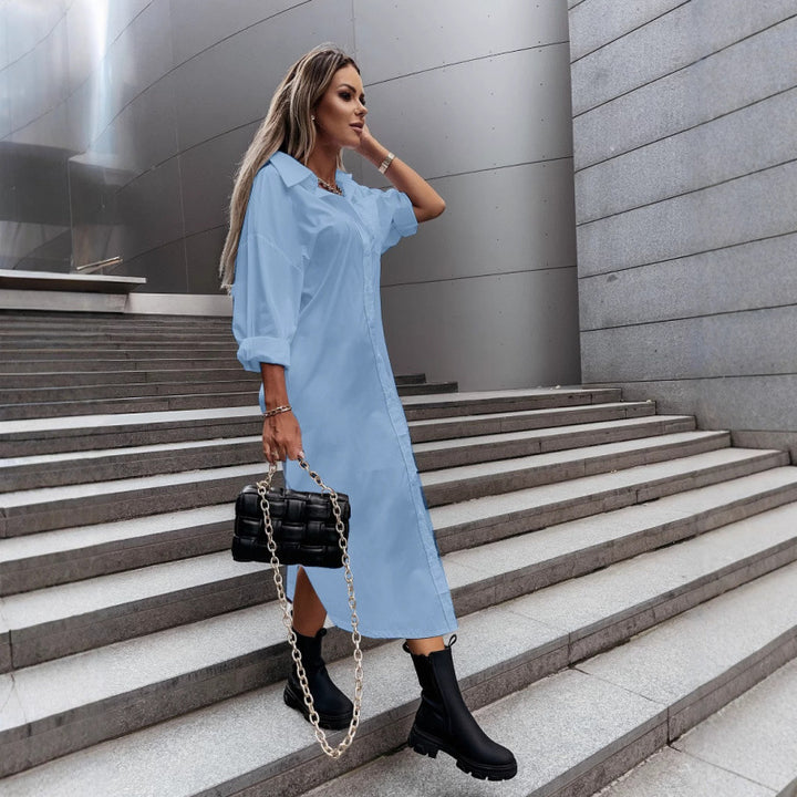 Women's Long Oversized Shirt Dress with Continuous Button Placket, Cuffed Sleeves and Deep Side Slit Mune Fashion