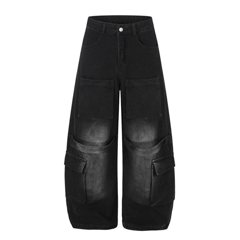 Women's High-Cut Wide Cargo Palazzo Jeans with Large Patch Pockets and Vintage Wash Mune Fashion