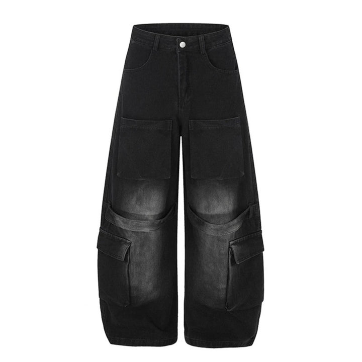 Women's High-Cut Wide Cargo Palazzo Jeans with Large Patch Pockets and Vintage Wash Mune Fashion