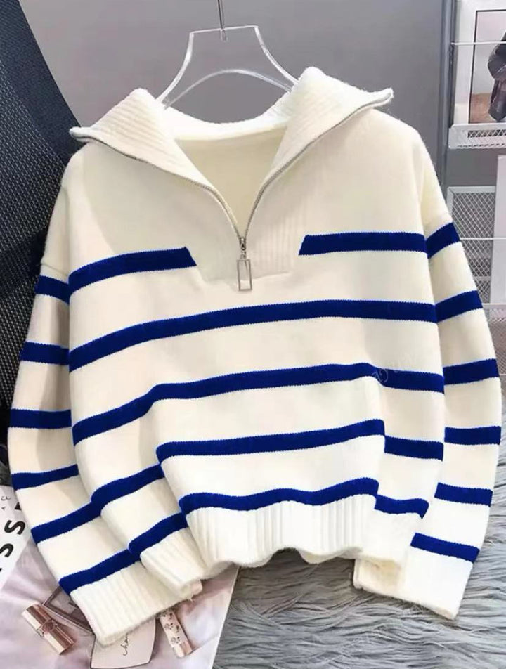 Women's Striped Half-Zip Knit Sweater with Ribbed Collar Mune Fashion