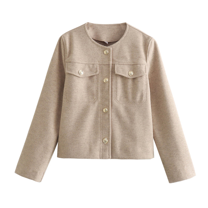 Women's structured short jacket with round neck, breast pockets, and decorative metal button strip Mune Fashion