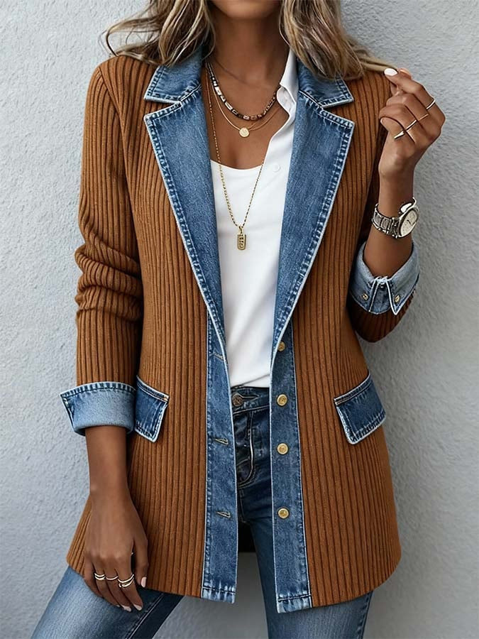 Women Long Knit Coat with Denim Collar Mune Fashion