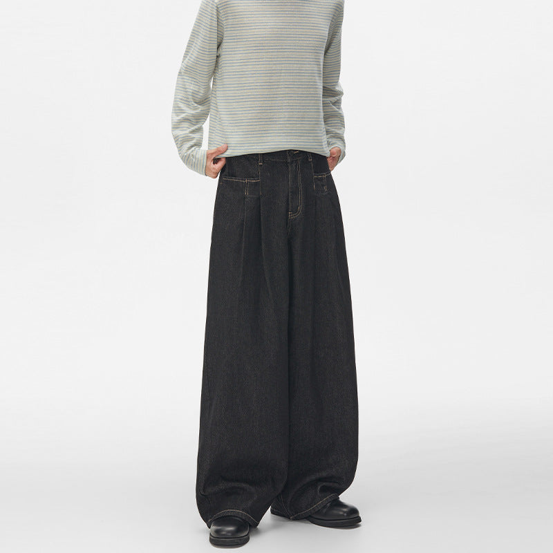 Women High-Waist Pleated Denim Palazzo Pants with Ultra Wide Leg and Extended Hem Mune Fashion