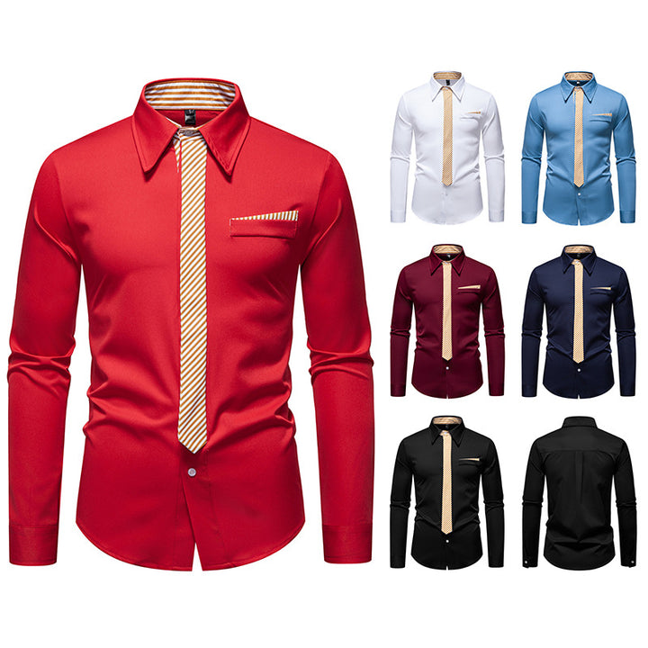 Men's Slim-Fit Business Shirt with Integrated Tie Look and Chest Pocket Mune Fashion