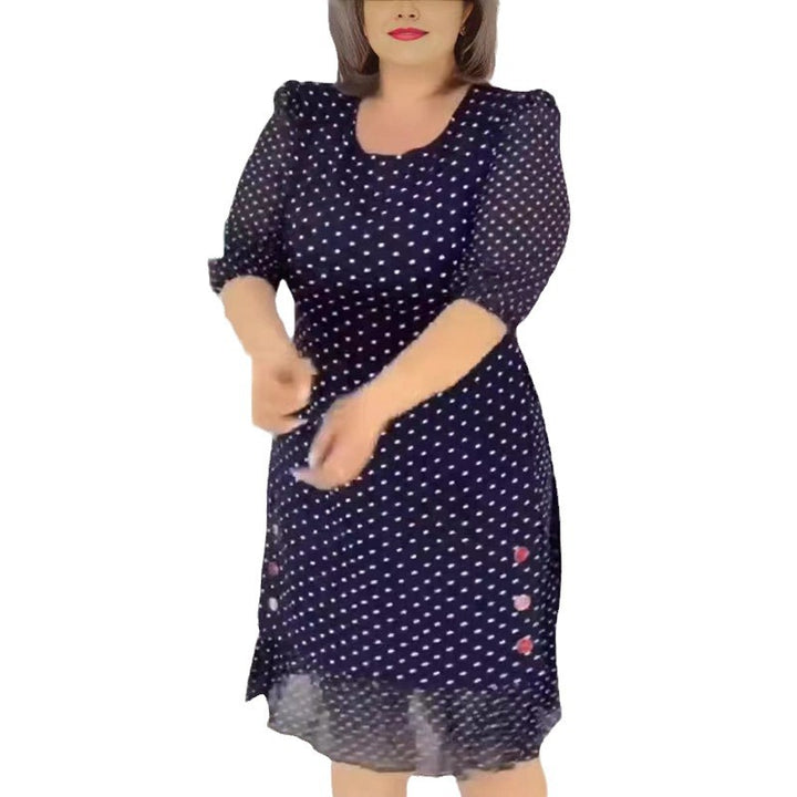 Women's Chiffon Midi Dress with Polka Dot Pattern, Half-Length Puff Sleeves, Side Floral Embroidery, and Gathered Ruffled Hem Mune Fashion