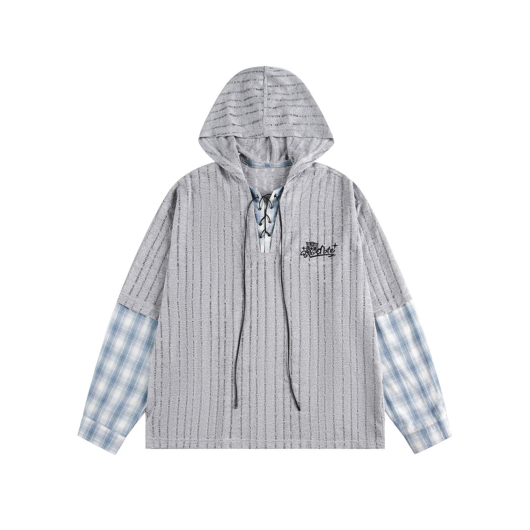 Unisex Casual Hoodie in Layering Look with Lace-Up V-Neck Mune Fashion