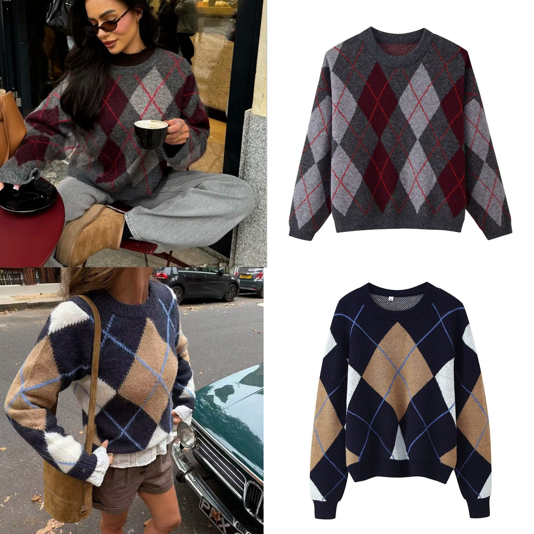 Women's Diamond Argyle Knit Sweater with Round Neck and Slightly Oversized Cut Mune Fashion