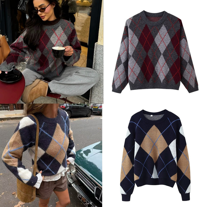 Women's Diamond Argyle Knit Sweater with Round Neck and Slightly Oversized Cut Mune Fashion