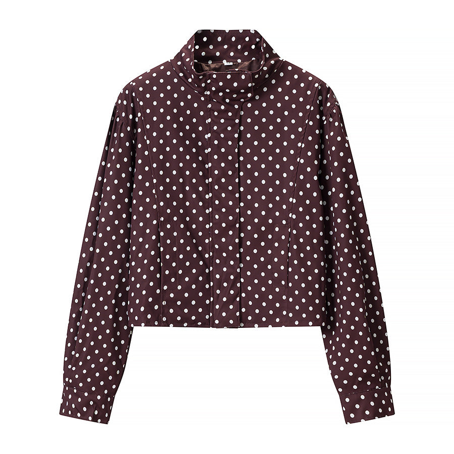 Women Polka Dot Short Jacket with Stand Collar and Concealed Snap Button Placket Mune Fashion