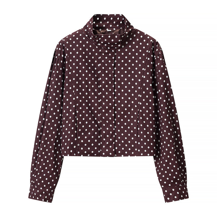 Women Polka Dot Short Jacket with Stand Collar and Concealed Snap Button Placket Mune Fashion