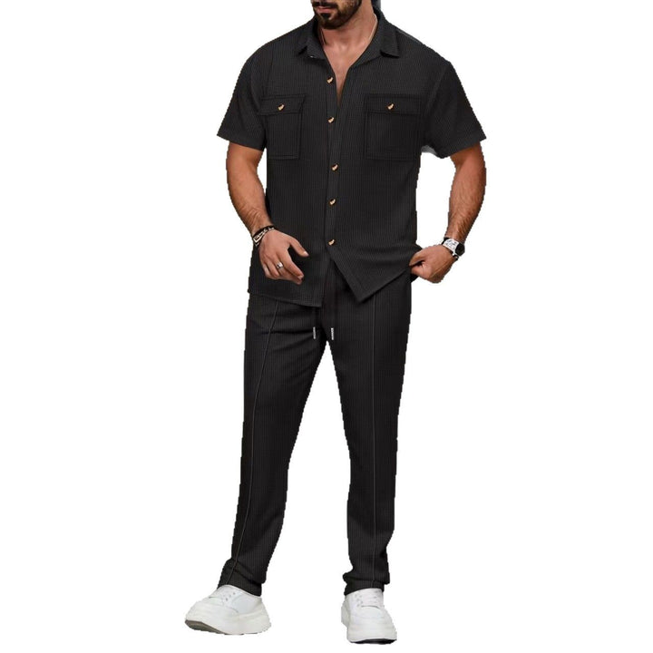 Men's casual two-piece set with open lapel shirt, chest pockets, and tapered drawstring pants Mune Fashion