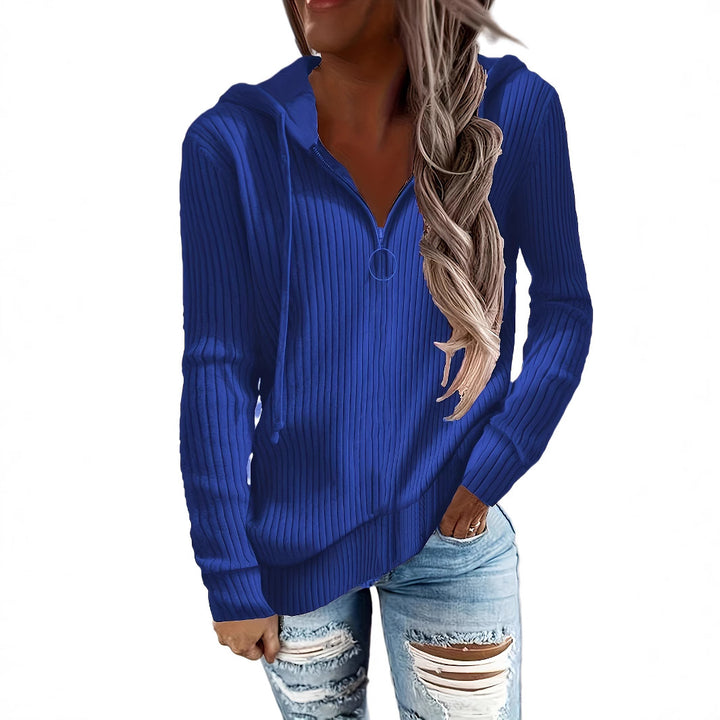 Women's Casual Ribbed Knit Hoodie with Half-Zip and Ring Zipper Drune