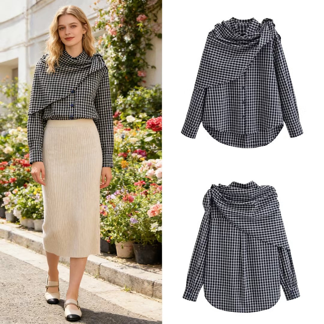 Women Asymmetrical Check Blouse with Integrated Scarf and Button Placket Mune Fashion