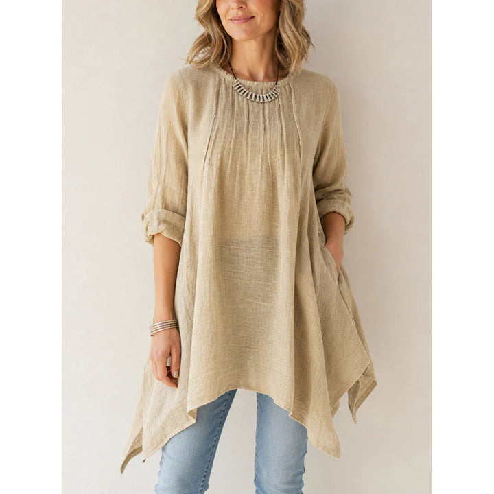 Women Casual Long Tunic with Towel Hem, Ruffled Pleats and Side Pockets Mune Fashion