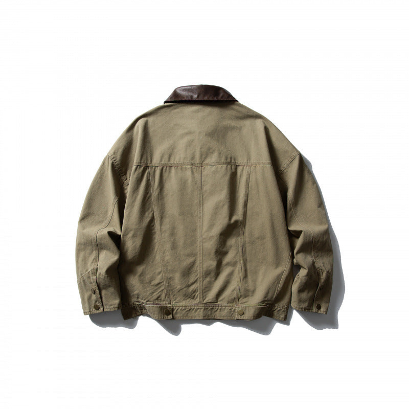 Men's Boxy Canvas Jacket with Leather Collar and Overshirt Silhouette Mune Fashion