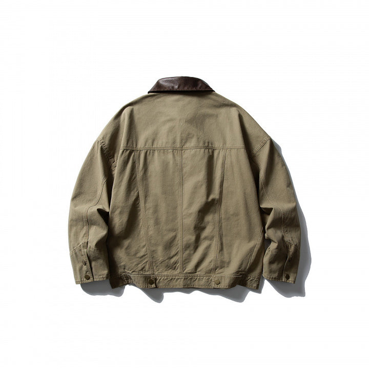 Men's Boxy Canvas Jacket with Leather Collar and Overshirt Silhouette Mune Fashion