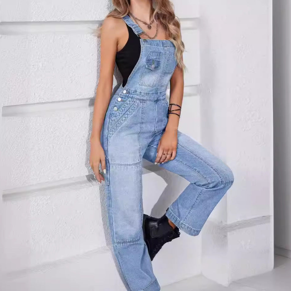 Women's denim overalls with wide leg, utility details, and high waist cut Mune Fashion