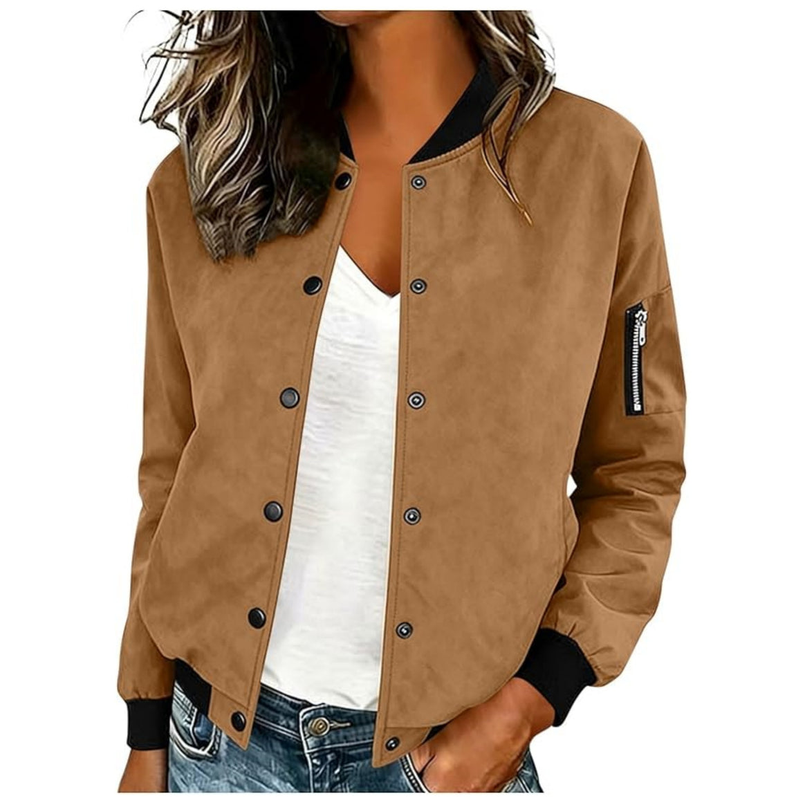 Women's Lightweight Bomber Jacket with Snap Buttons and Arm Pocket Mune Fashion