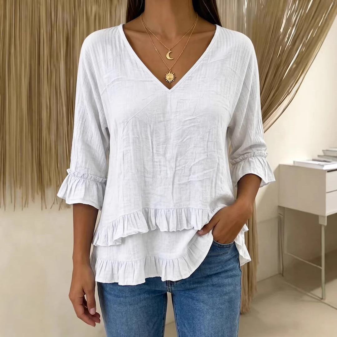 Women's Playful Long Sleeve Blouse with Ruffle Mune Fashion