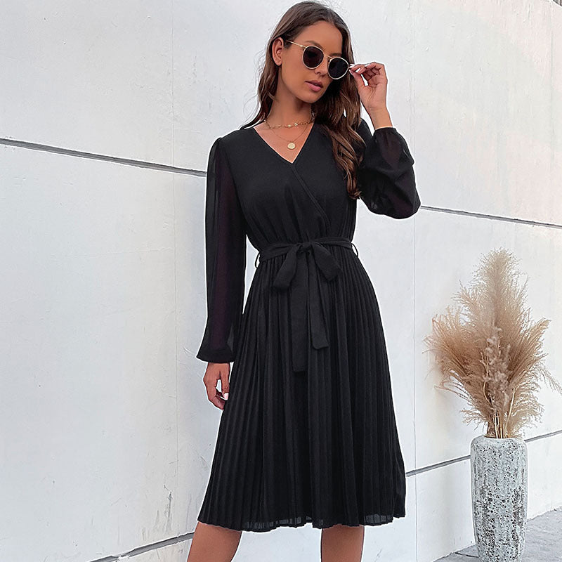 Women's Pleated Wrap Dress with Belt Mune Fashion