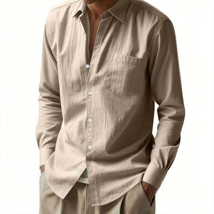 Men's Resort Long Sleeve Shirt made of Linen Voile with Open Kent Collar and Patch Chest Pocket Mune Fashion