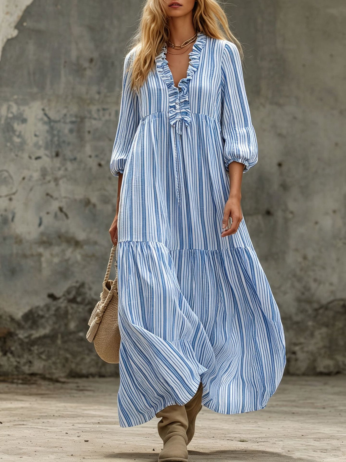 Women's Maxi Dress with Ruffle V-Neck and Balloon Sleeves Mune Fashion