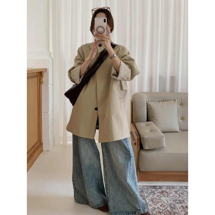 Women Oversized Coat with Stand-Up Collar and Checked Sleeve Hem Mune Fashion