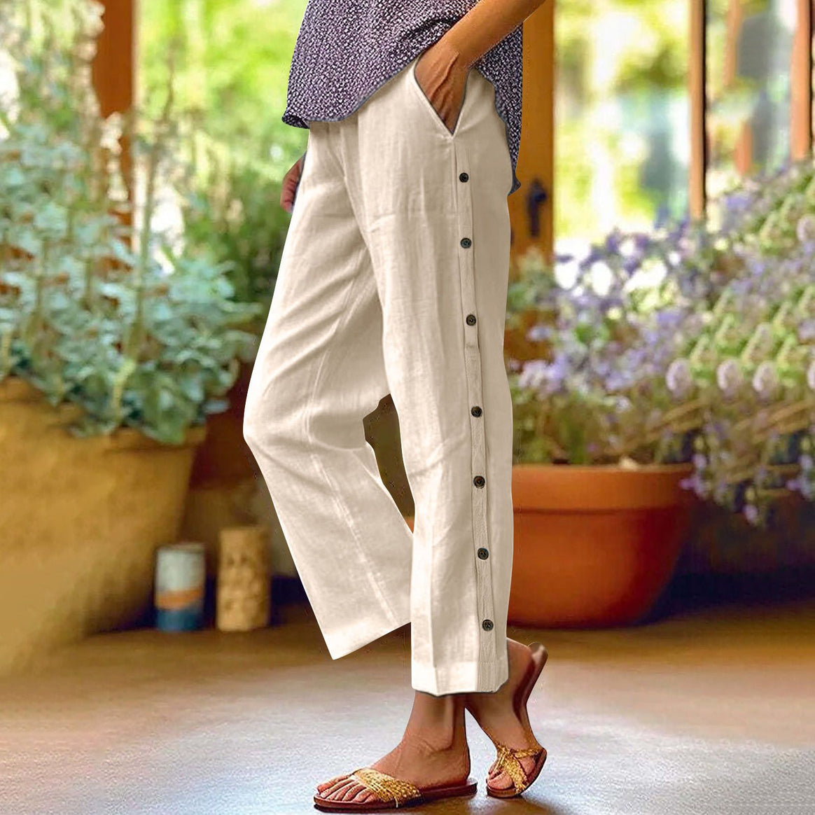 Ladies Light Relaxed Pants with Side Button Placket and Insert Pockets Mune Fashion