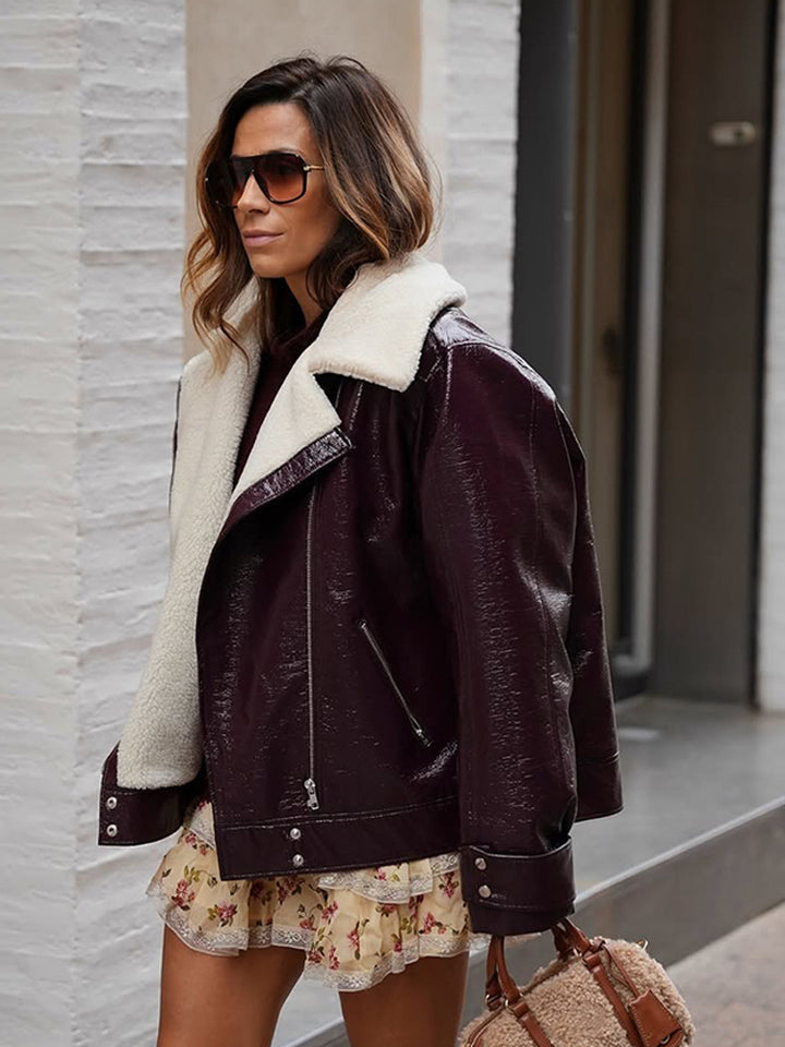 Women's Patent Leather Biker Jacket with Sherpa Lining and Oversized Cut Mune Fashion