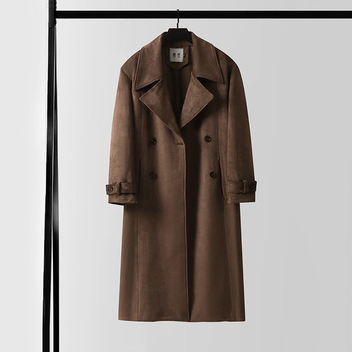 Men's double-breasted trench coat made of suede imitation with a waist belt and wide lapels Mune Fashion