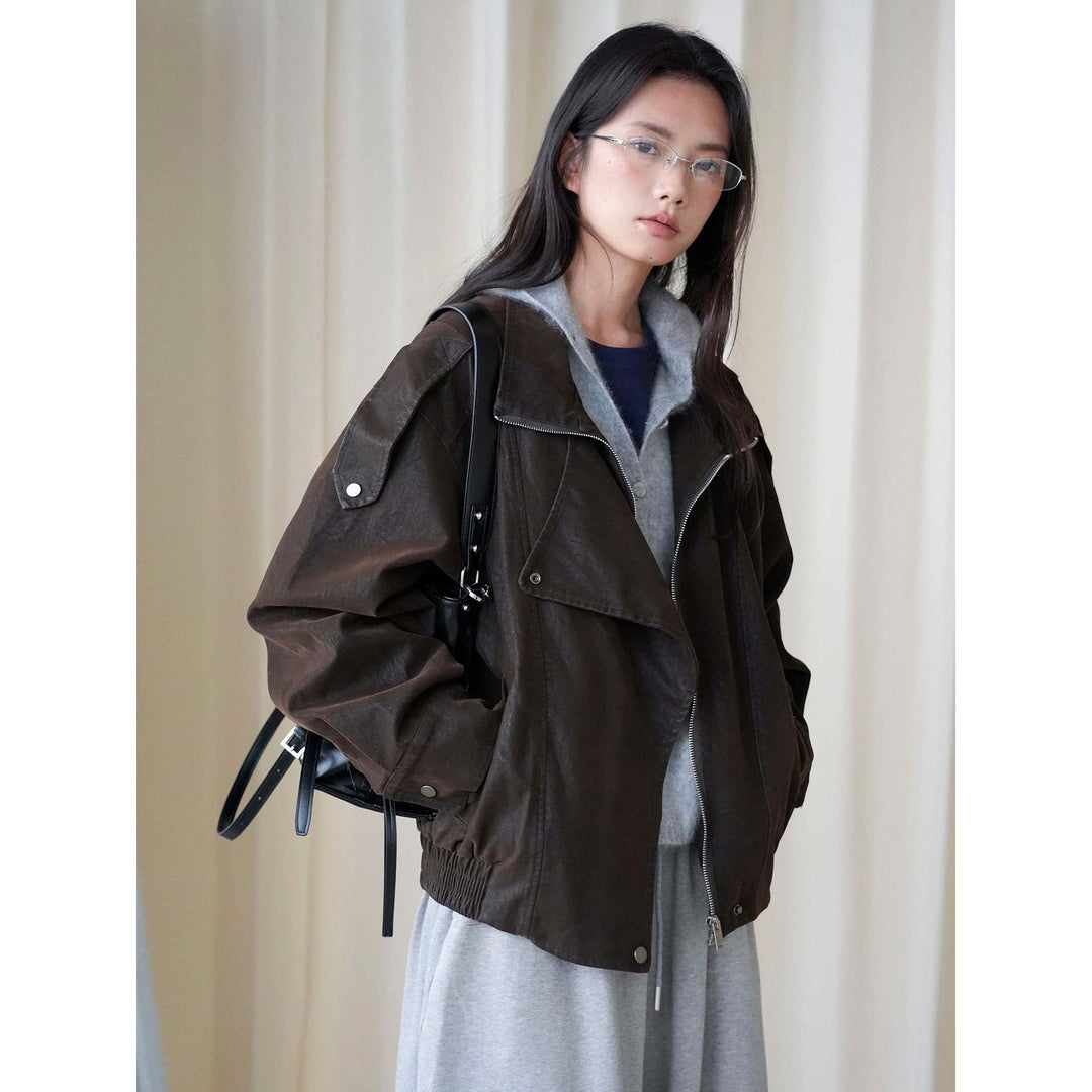 Women's Oversized Leather Jacket with High Collar and Asymmetrical Snap Placket Mune Fashion