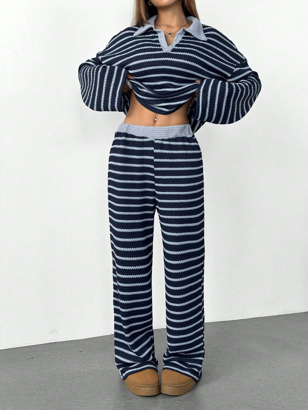 Women's Knitted Loungewear Set with Polo V Neck, Bell Sleeves, and Wide High-Cut Trouser Leg Mune Fashion
