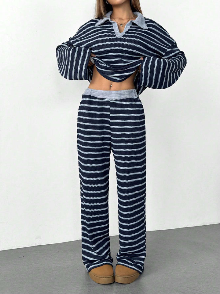 Women's Knitted Loungewear Set with Polo V Neck, Bell Sleeves, and Wide High-Cut Trouser Leg Mune Fashion