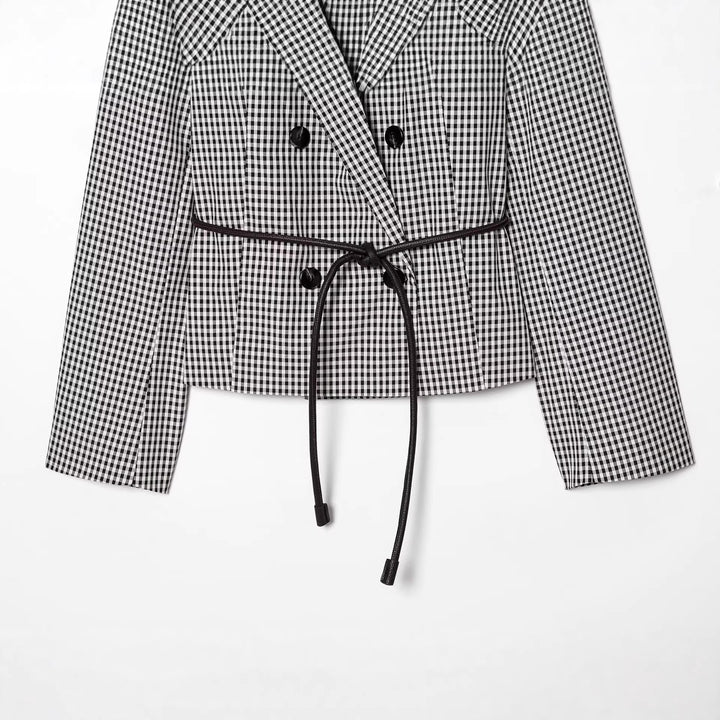 Women Checkered Cropped Blazer with Double-Breasted Button Placket and Drawstring Belt Mune Fashion