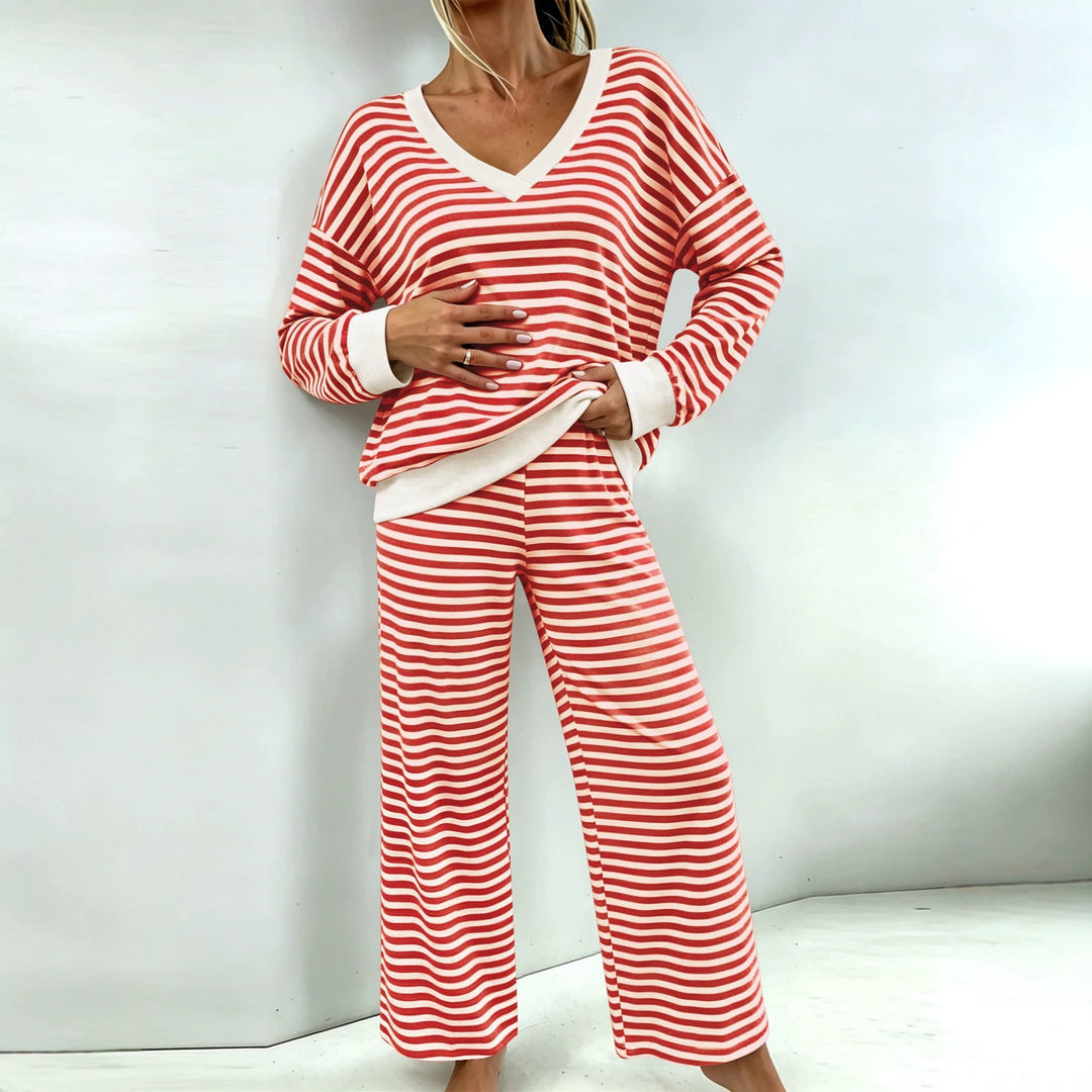 Women's Striped Lounge Set with V-Neck, Oversized Sweater and Palazzo Pants Mune Fashion