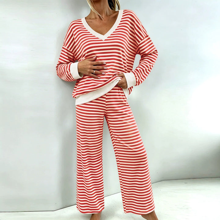 Women's Striped Lounge Set with V-Neck, Oversized Sweater and Palazzo Pants Mune Fashion