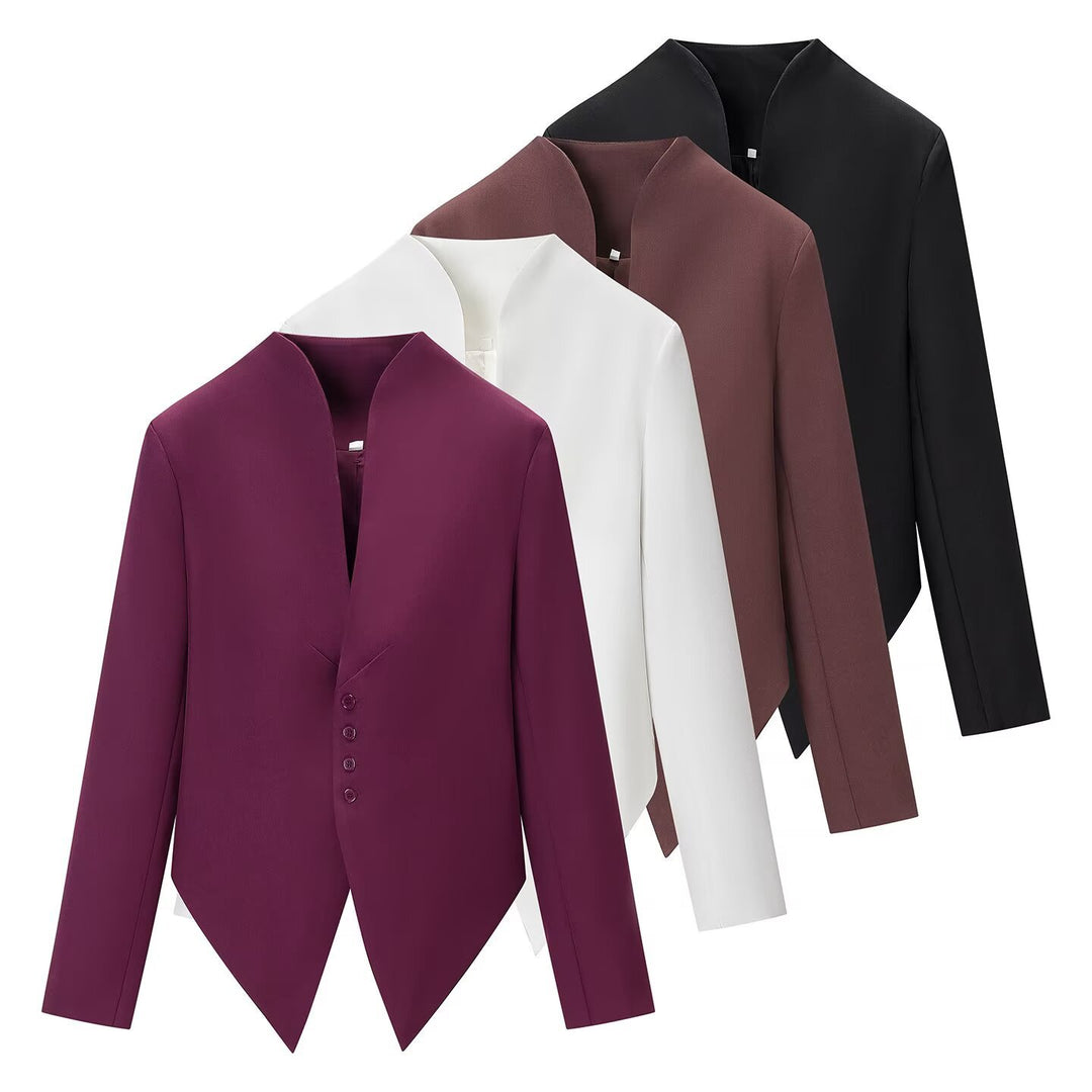 Women's Asymmetrical Cropped Blazer with Pointed Hem and Stand-Up Collar Mune Fashion