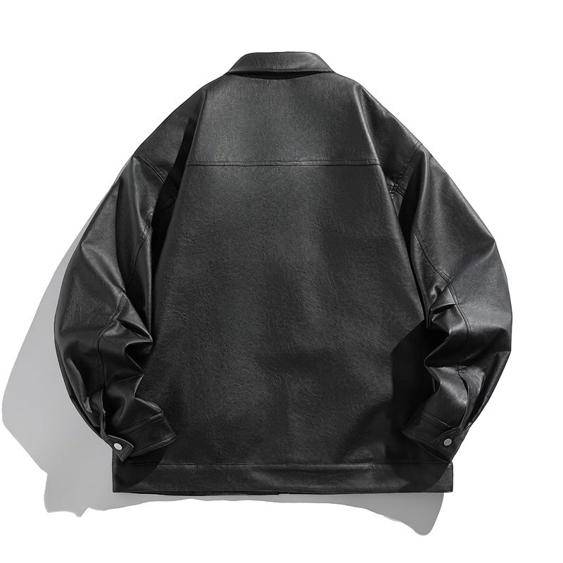 Unisex Boxy Faux Leather Blouson Jacket with Shirt Collar, Diagonal Chest Zip and Snap Hem Mune Fashion