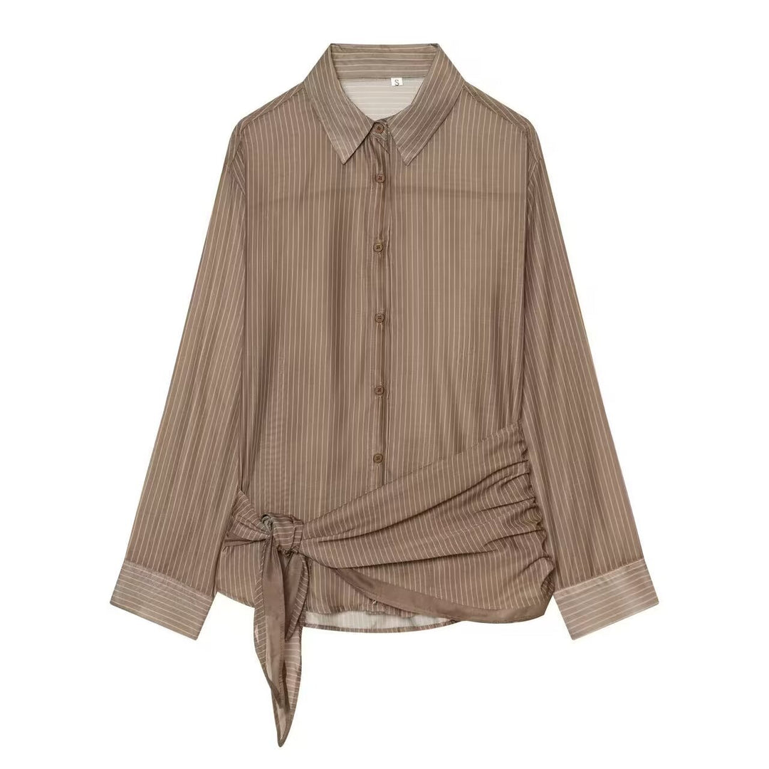 Women's blouse in silk look with pinstripes and side knot detail