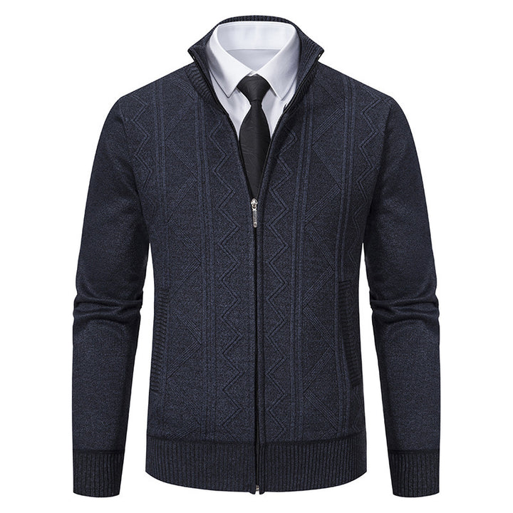 Men's Structured Fine Knit Zip Cardigan with Stand-Up Collar and Geometric Cable Pattern Mune Fashion