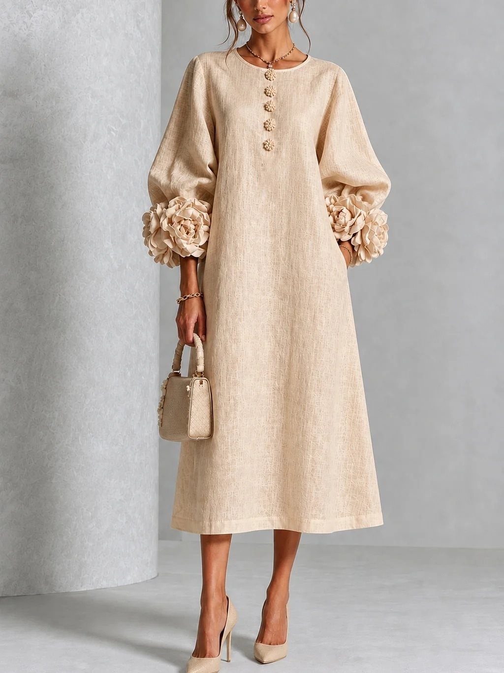 Women's midi dress made of linen with balloon sleeves and 3D flower cuffs Mune Fashion