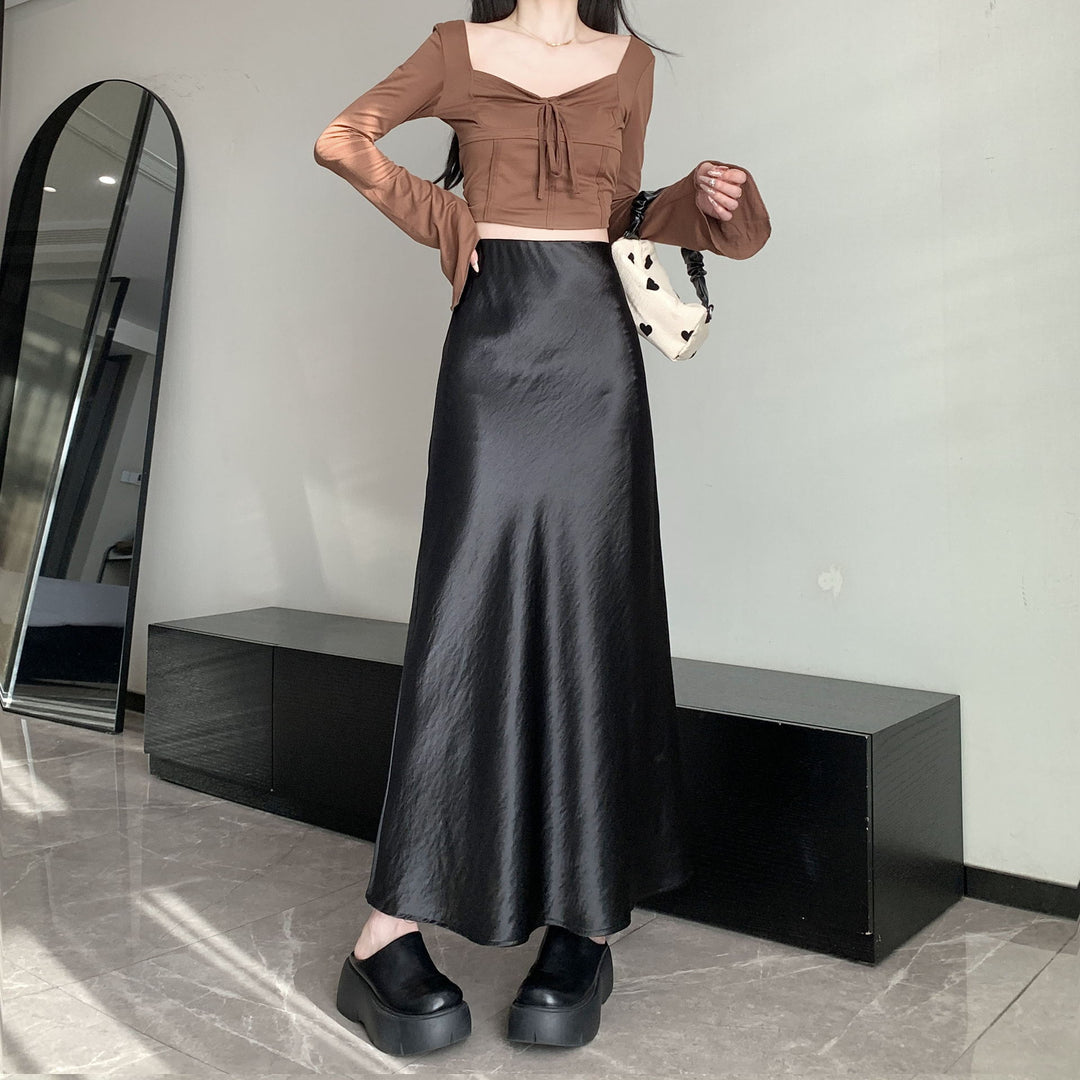 Women's elegant satin midi skirt with A-line and seamless waistband Mune Fashion