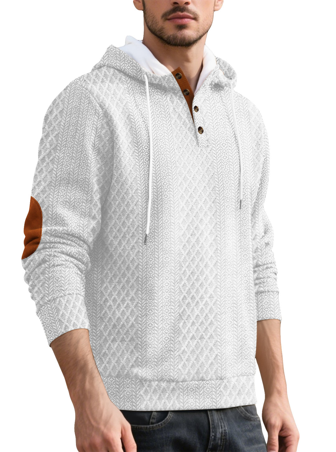 Men's nan diamond structure hoodie with short button placket, quilted hood inner edge, and suede elbow patch Mune Fashion