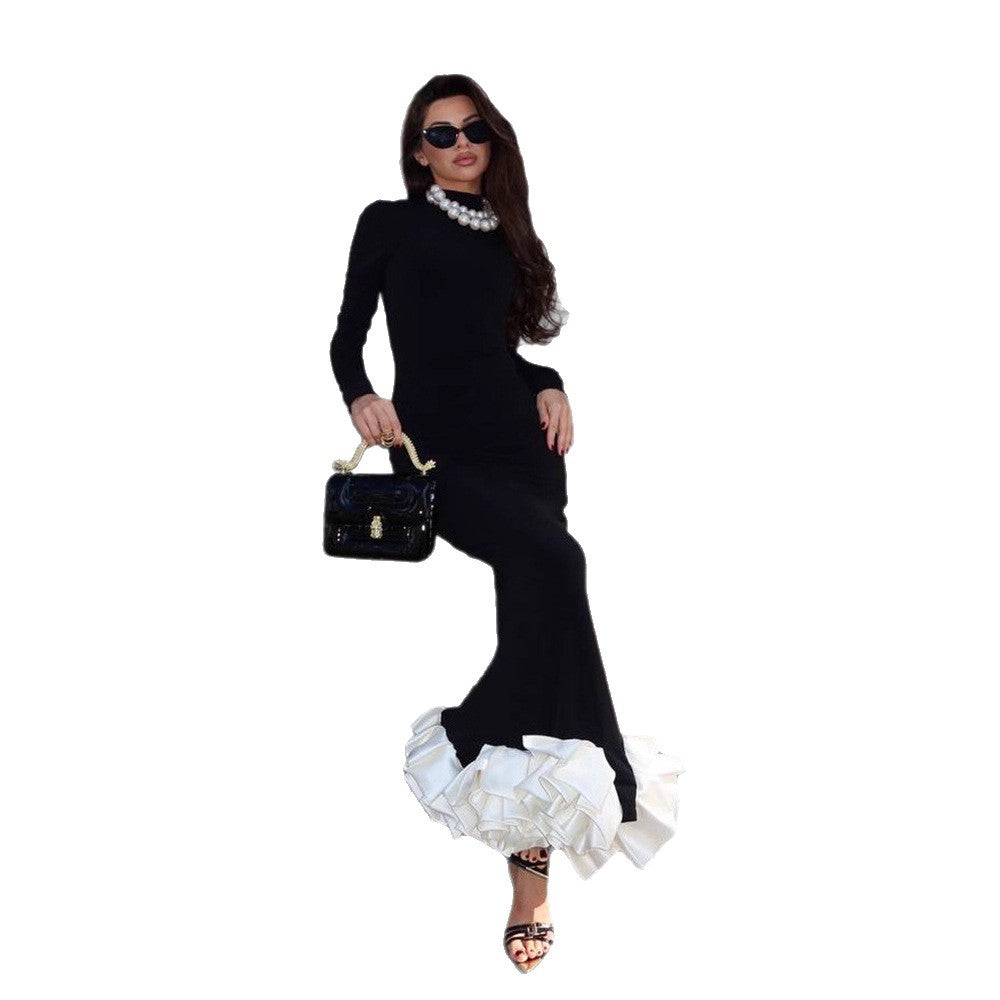 Women's Bodycon Maxi Dress with Turtleneck, Long Sleeves, and Lush Ruffled Hem Mune Fashion