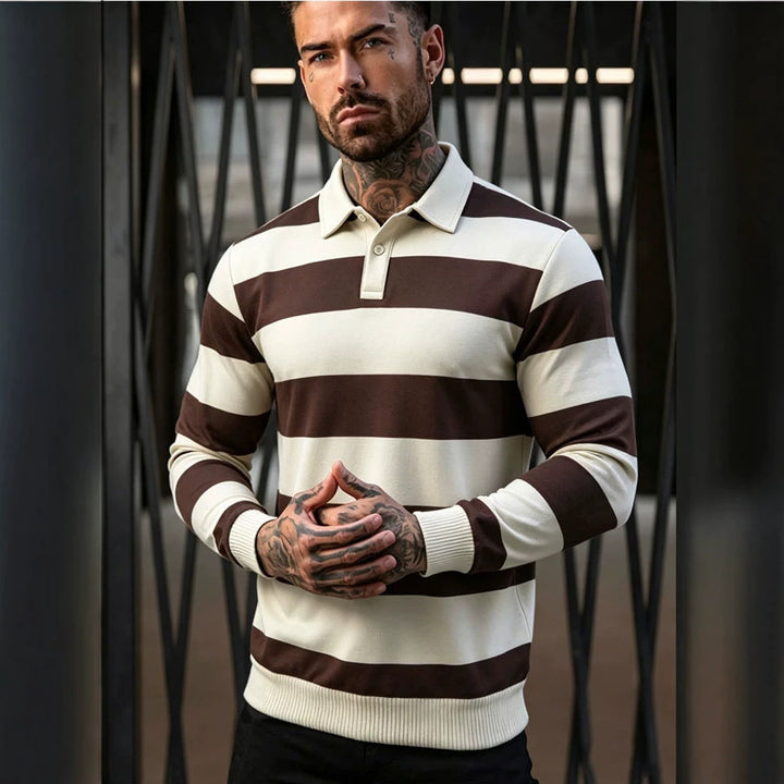 Men's striped rugby polo sweater with button placket and ribbed cuffs Mune Fashion