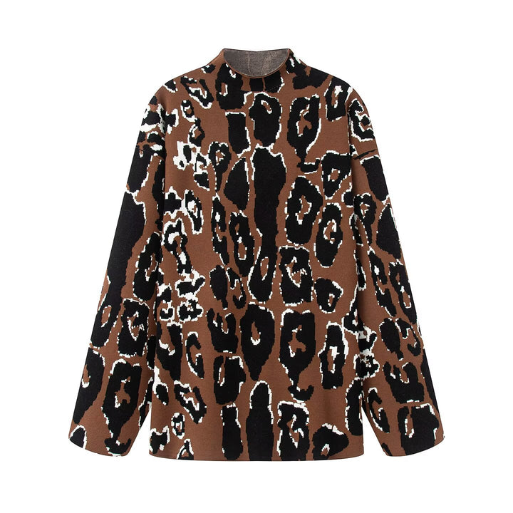 Women's Oversize Knit Jacket with Leopard Jacquard, Stand Collar and Boxy Silhouette Mune Fashion