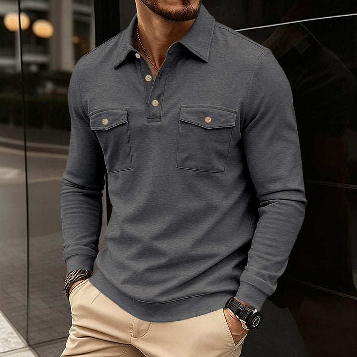 Men's fitted long sleeve polo shirt with shirt collar and applied breast pockets Mune Fashion