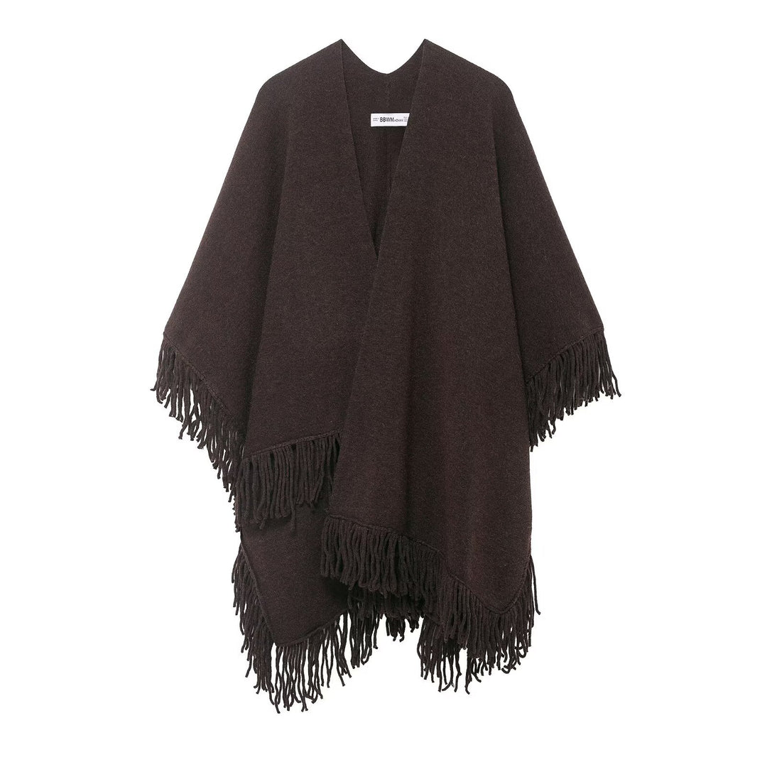 Women Fringe Poncho made of soft wool blend with V-neck Mune Fashion