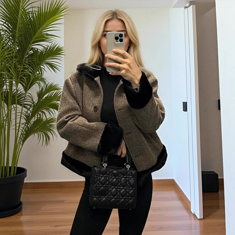 Women's Short Cut Boxy Wool Blend Coat with Contrast Faux Fur Trim Mune Fashion